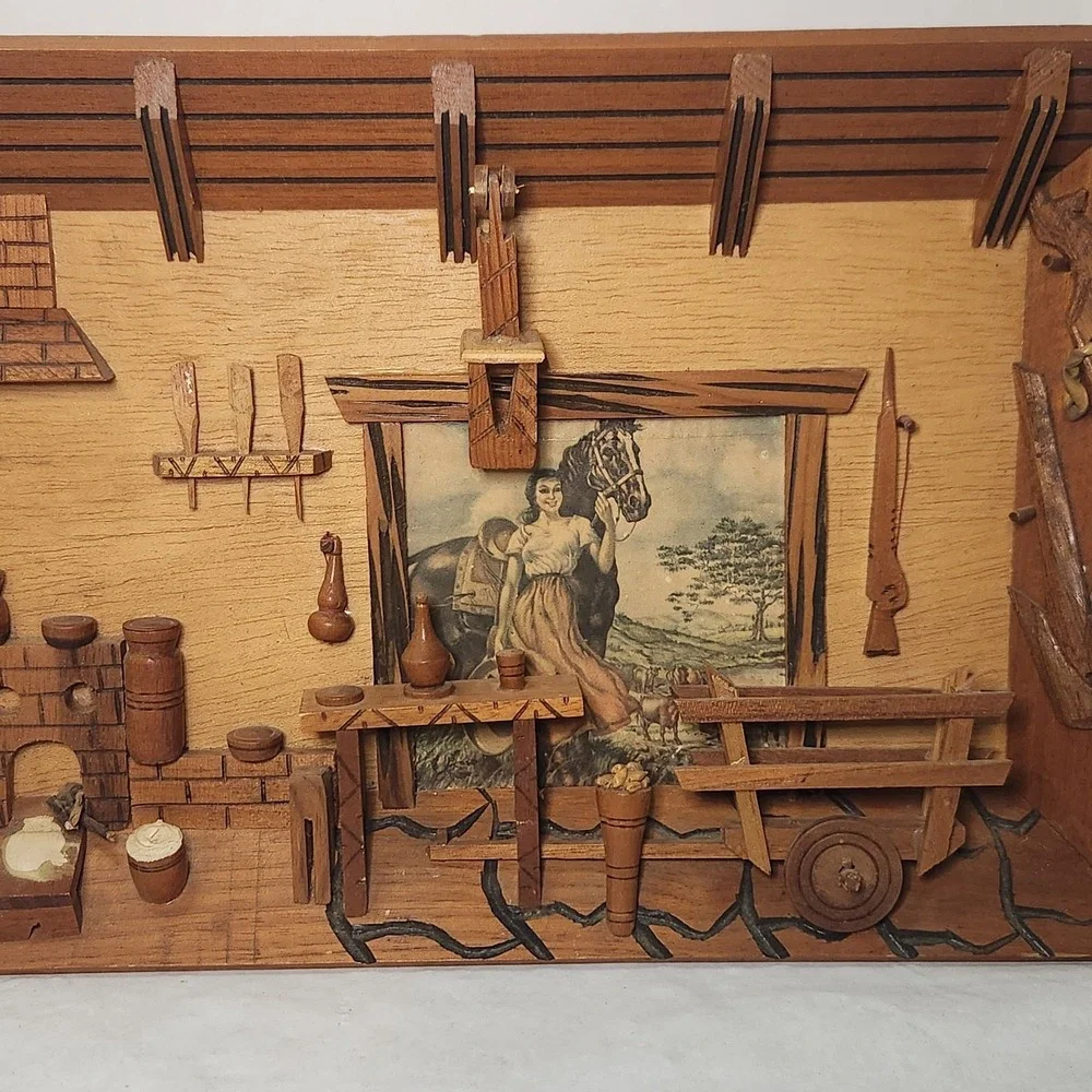 Vintage 1960's MCM Carved Wooden Lodge Bar Tavern Inn Market Town Diorama‎ 3D